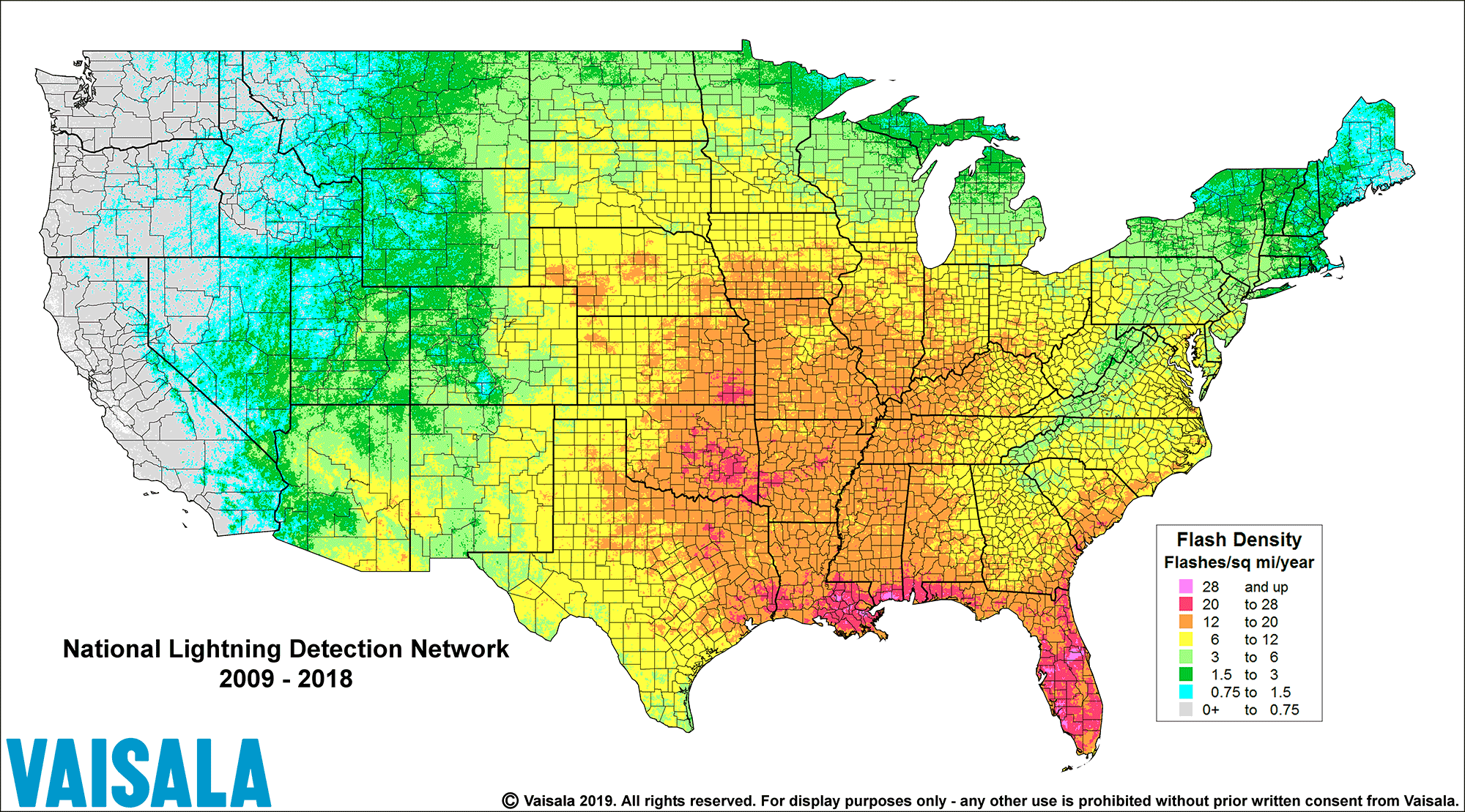 lightning density in the U.S.A.